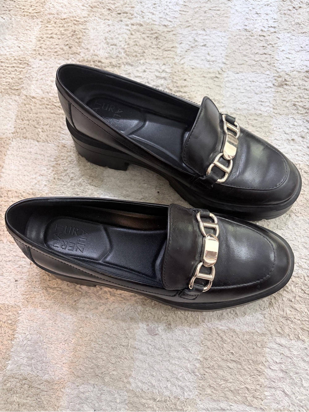 Naturalizer Black Leather Loafers with Gold Chain Detail